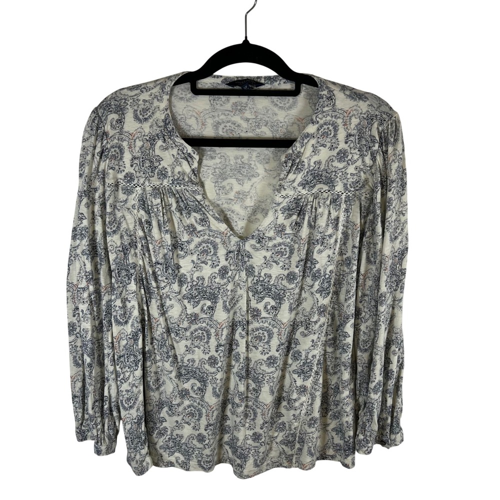 Lucky Brand Blue White Paisley Split V-Neck Blouse Top Small Boho‎ Cottagecore